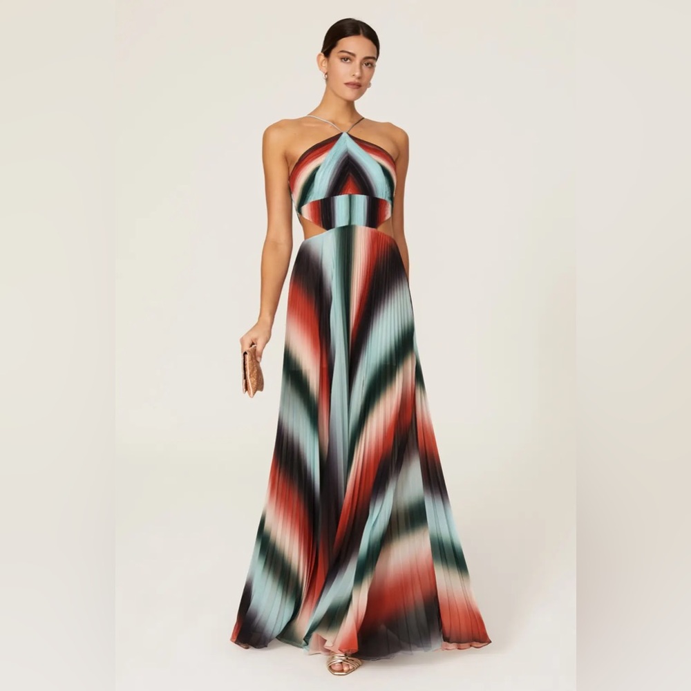 AMUR “Janet” Gown in Auburn Vintage Stripe (Sz 4) | Formal Pleated Maxi Gown